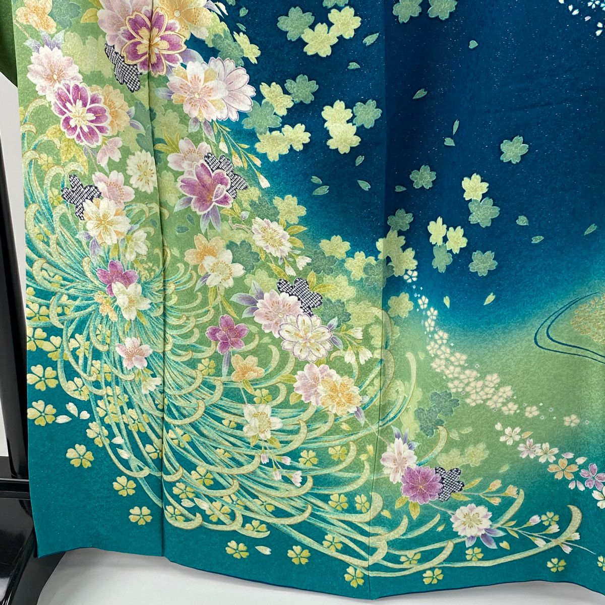 【清倉特賣】振袖禮服 身長166cm 袖長67.5cm L 雙層 櫻花 亂菊花 金絲 金通 青綠 純蠶絲 逸品級