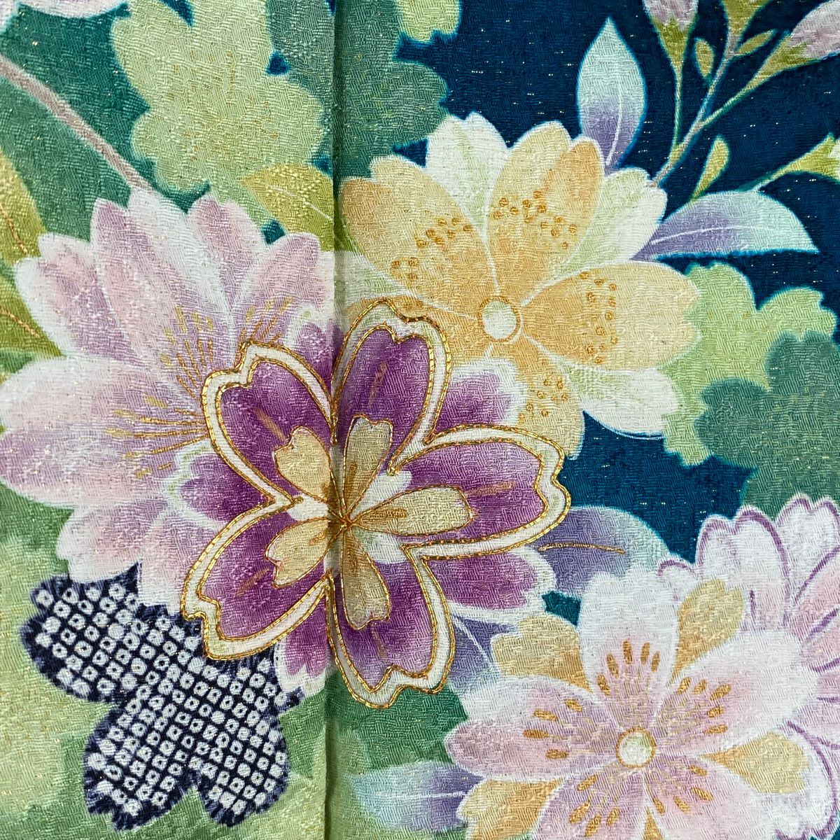 【清倉特賣】振袖禮服 身長166cm 袖長67.5cm L 雙層 櫻花 亂菊花 金絲 金通 青綠 純蠶絲 逸品級