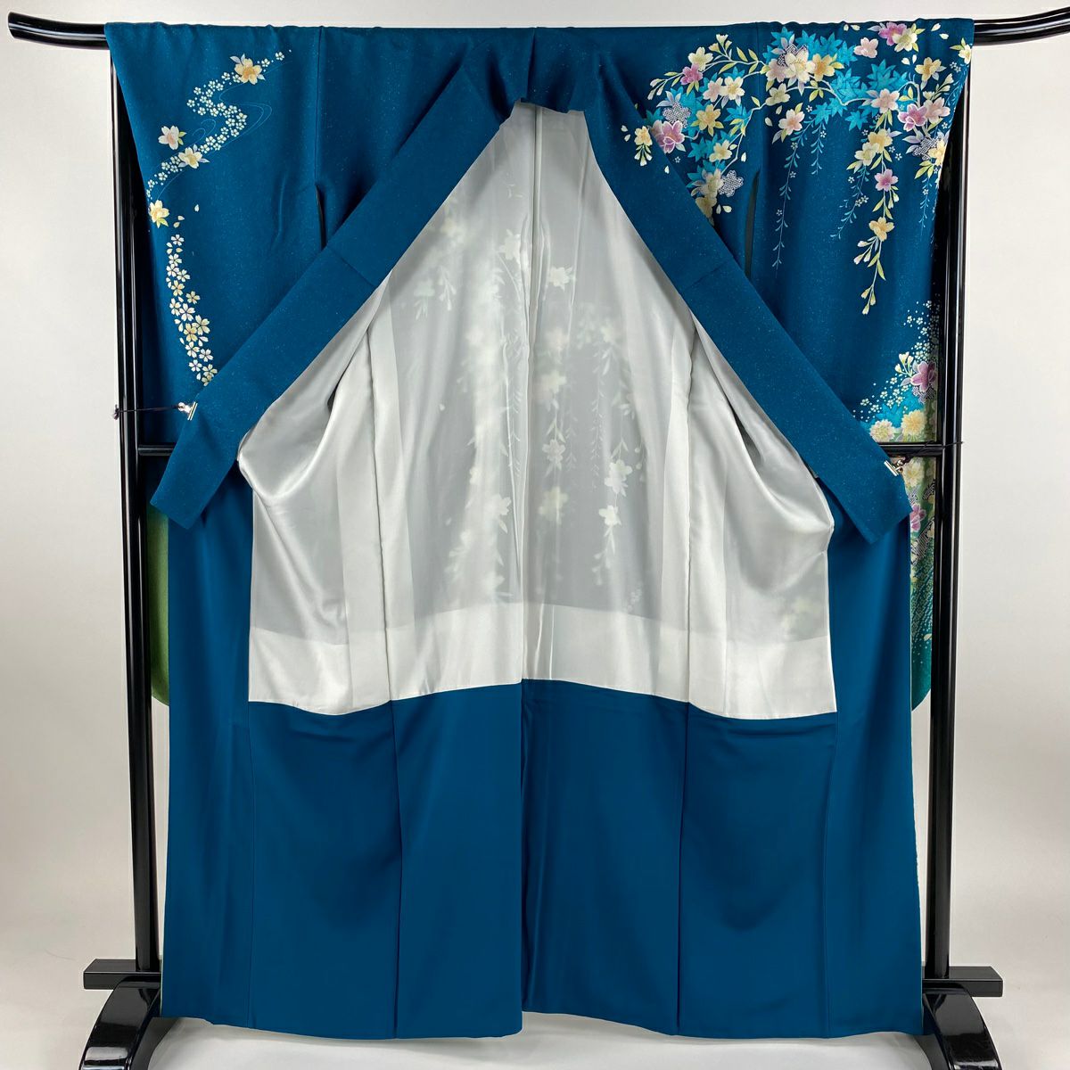 【清倉特賣】振袖禮服 身長166cm 袖長67.5cm L 雙層 櫻花 亂菊花 金絲 金通 青綠 純蠶絲 逸品級