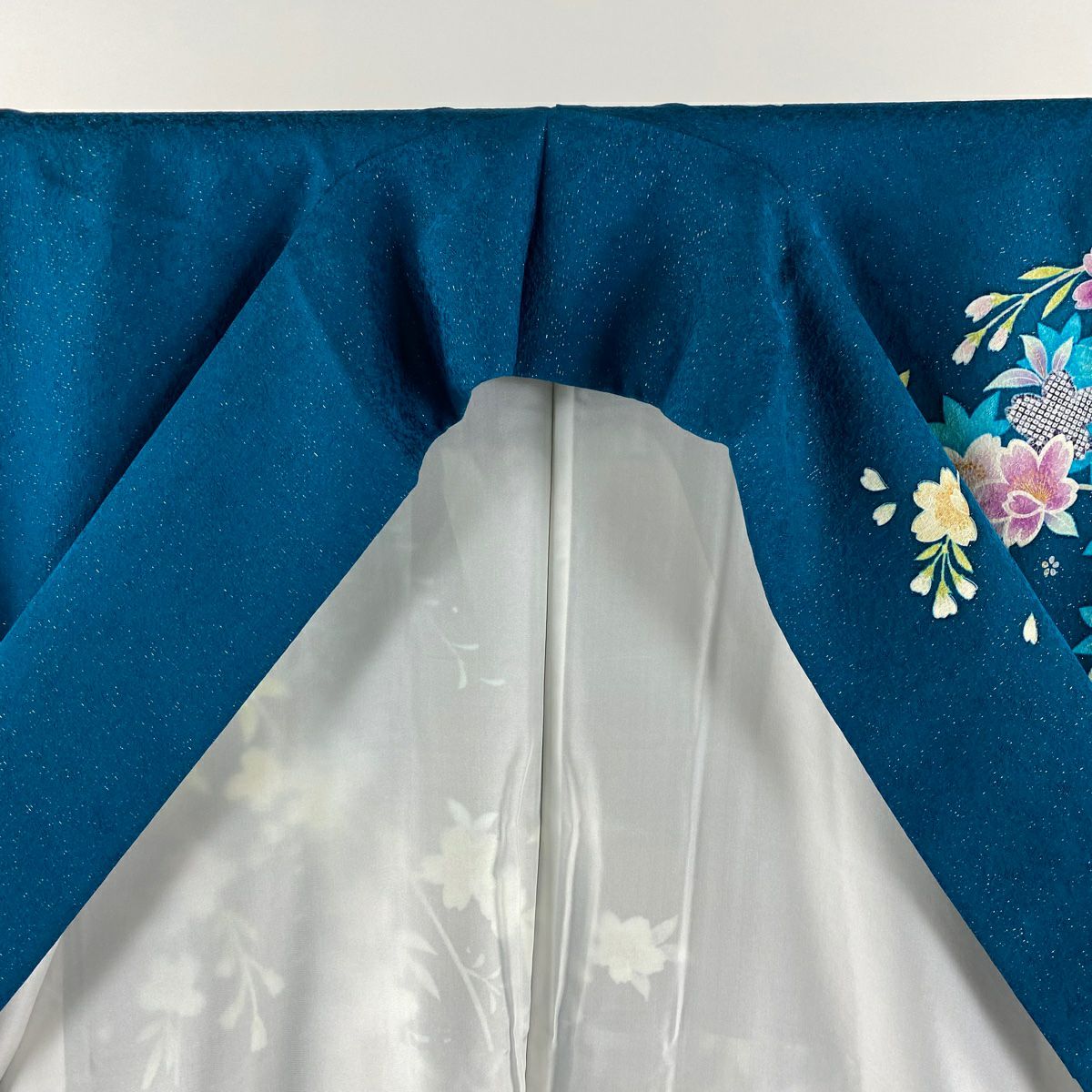 【清倉特賣】振袖禮服 身長166cm 袖長67.5cm L 雙層 櫻花 亂菊花 金絲 金通 青綠 純蠶絲 逸品級
