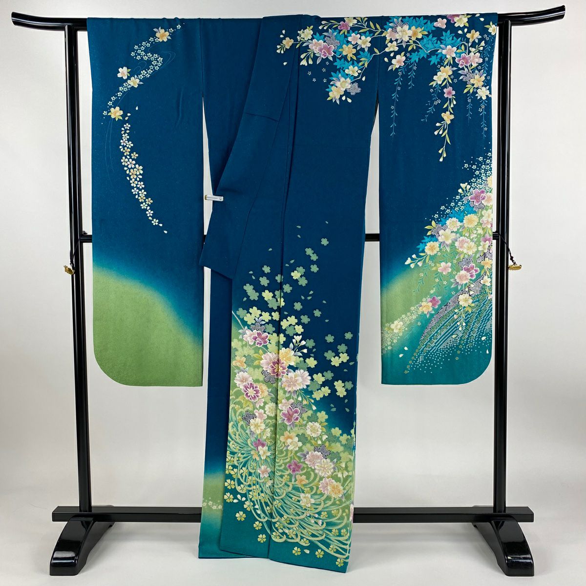 【清倉特賣】振袖禮服 身長166cm 袖長67.5cm L 雙層 櫻花 亂菊花 金絲 金通 青綠 純蠶絲 逸品級