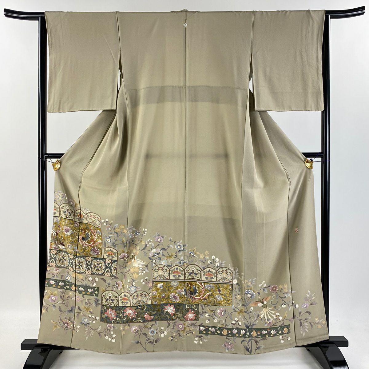 色留袖禮服 身長160.5cm 袖長63.5cm S 雙層 落款 花唐草紋 向鳥刺繡 金銀彩 米色 純蠶絲 秀品級 一つ紋