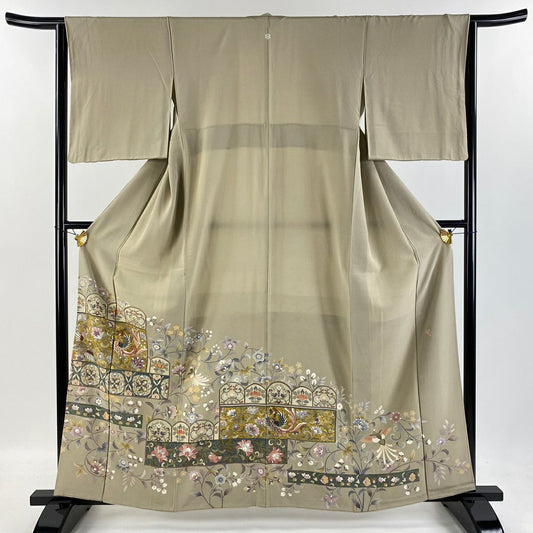 色留袖禮服 身長160.5cm 袖長63.5cm S 雙層 落款 花唐草紋 向鳥刺繡 金銀彩 米色 純蠶絲 秀品級 一つ紋