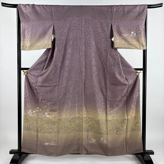 【庫存清倉】 【美品】訪問服 身長159.5cm 袖長66.5cm M 雙層 落款 秋草 露芝 金絲 刺繡 紫 純蠶絲 名品級