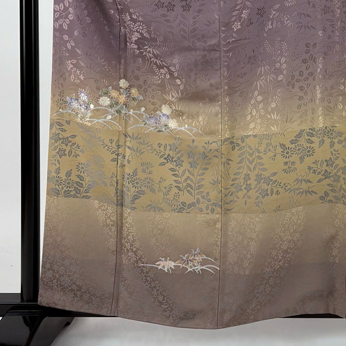【庫存清倉】 【美品】訪問服 身長159.5cm 袖長66.5cm M 雙層 落款 秋草 露芝 金絲 刺繡 紫 純蠶絲 名品級