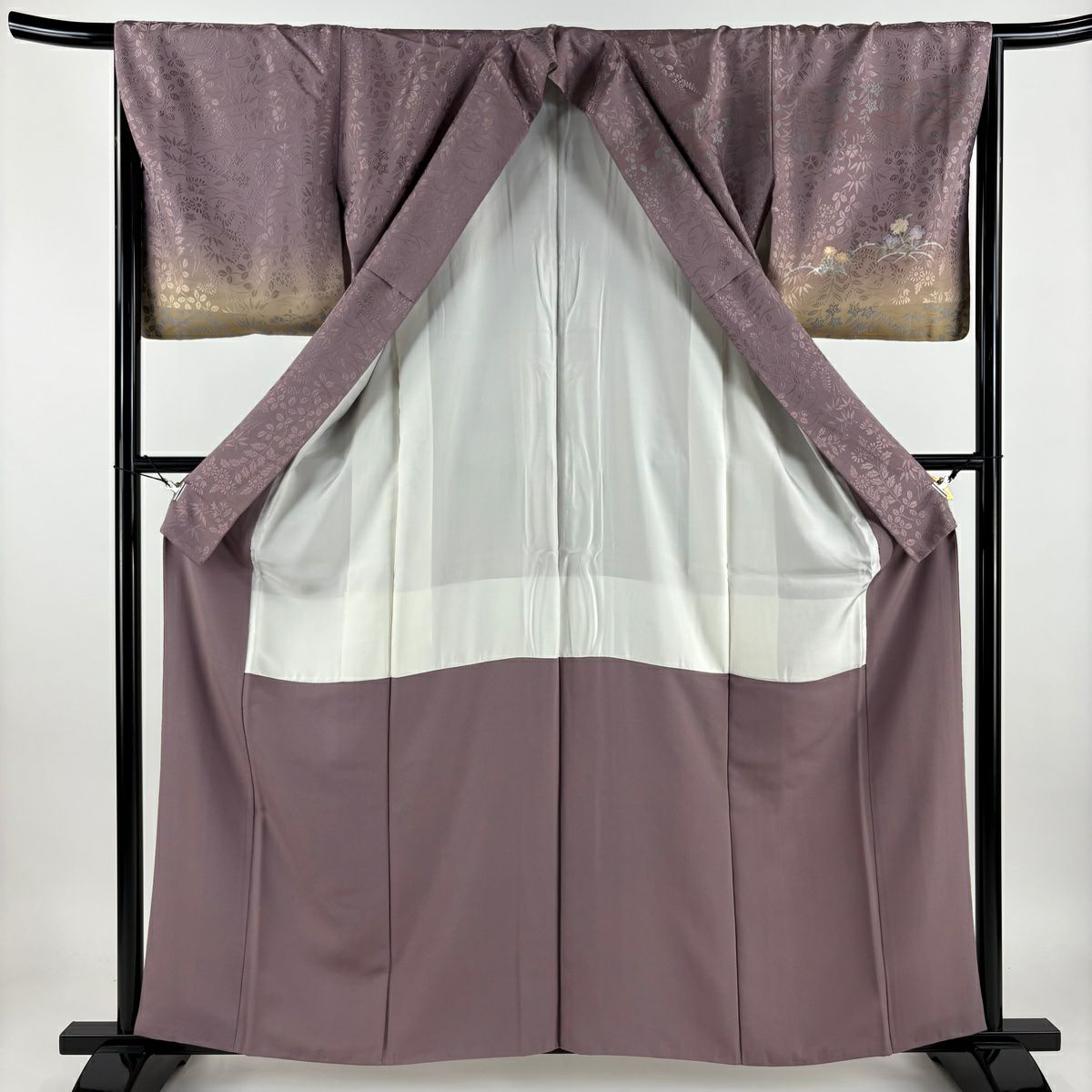 【庫存清倉】 【美品】訪問服 身長159.5cm 袖長66.5cm M 雙層 落款 秋草 露芝 金絲 刺繡 紫 純蠶絲 名品級
