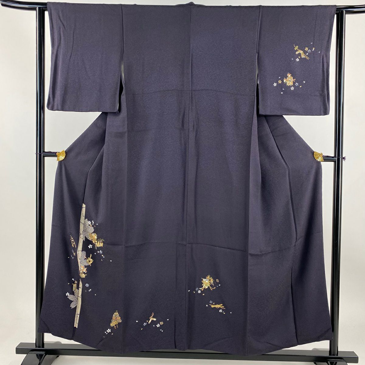 【庫存清倉】 付下 身長152.5cm 袖長62.5cm S 雙層 祭典道具 櫻花 金彩裝飾 深紫 純蠶絲 優品級