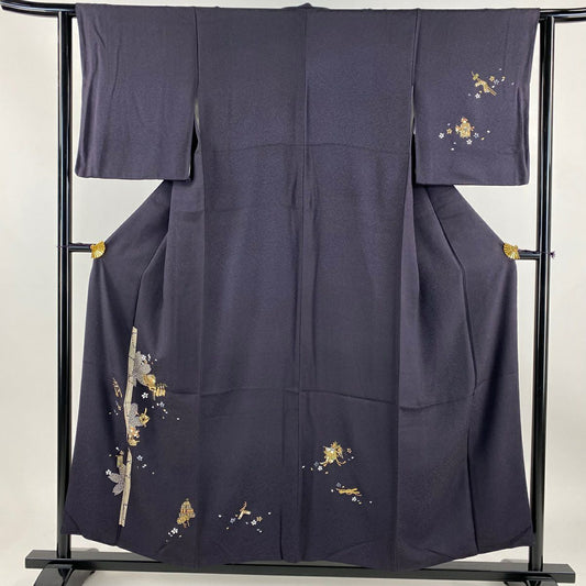 【庫存清倉】 付下 身長152.5cm 袖長62.5cm S 雙層 祭典道具 櫻花 金彩裝飾 深紫 純蠶絲 優品級
