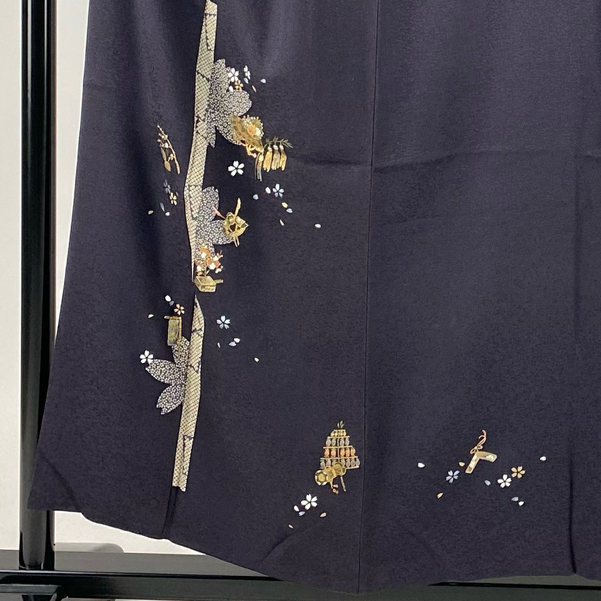 【庫存清倉】 付下 身長152.5cm 袖長62.5cm S 雙層 祭典道具 櫻花 金彩裝飾 深紫 純蠶絲 優品級