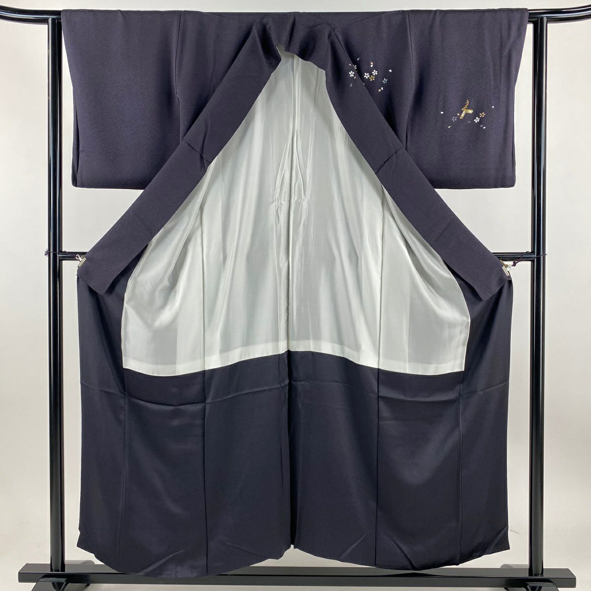【庫存清倉】 付下 身長152.5cm 袖長62.5cm S 雙層 祭典道具 櫻花 金彩裝飾 深紫 純蠶絲 優品級
