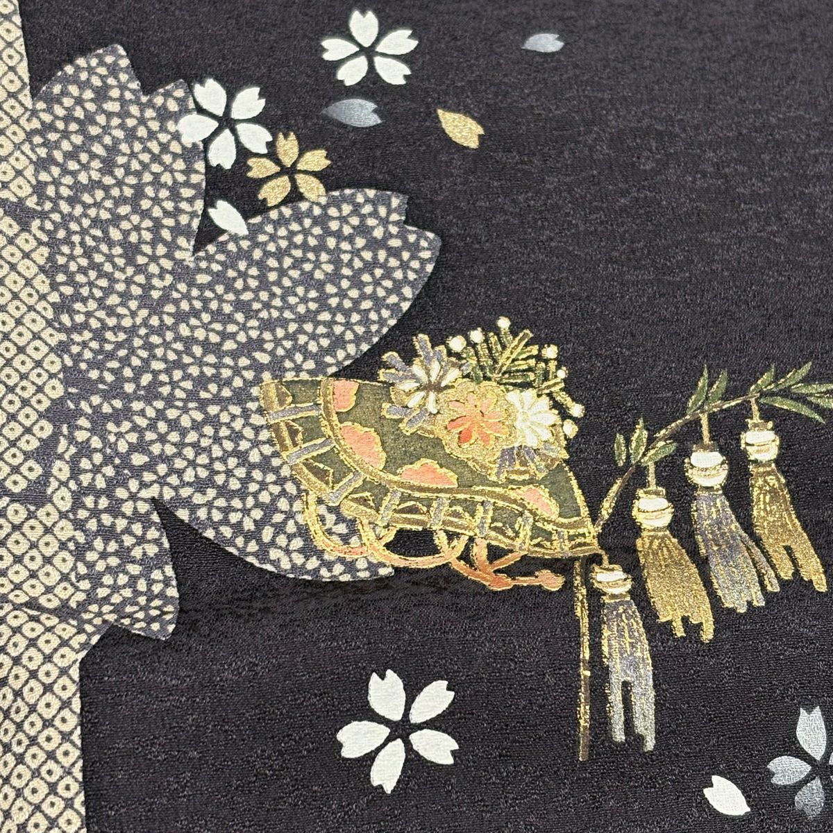 【庫存清倉】 付下 身長152.5cm 袖長62.5cm S 雙層 祭典道具 櫻花 金彩裝飾 深紫 純蠶絲 優品級