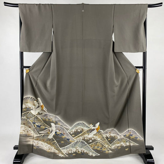 灰色留袖禮服 身長167cm 袖長67.5cm L 雙層 鳥 松樹竹子梅花 刺繡 金銀彩 純蠶絲 名品級 一つ紋