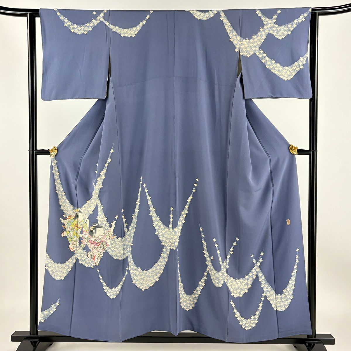 訪問服 身長155.5cm 袖長63cm S 雙層 二代目由水十久 落款あり 童 花幕 青紫 純蠶絲 逸品級