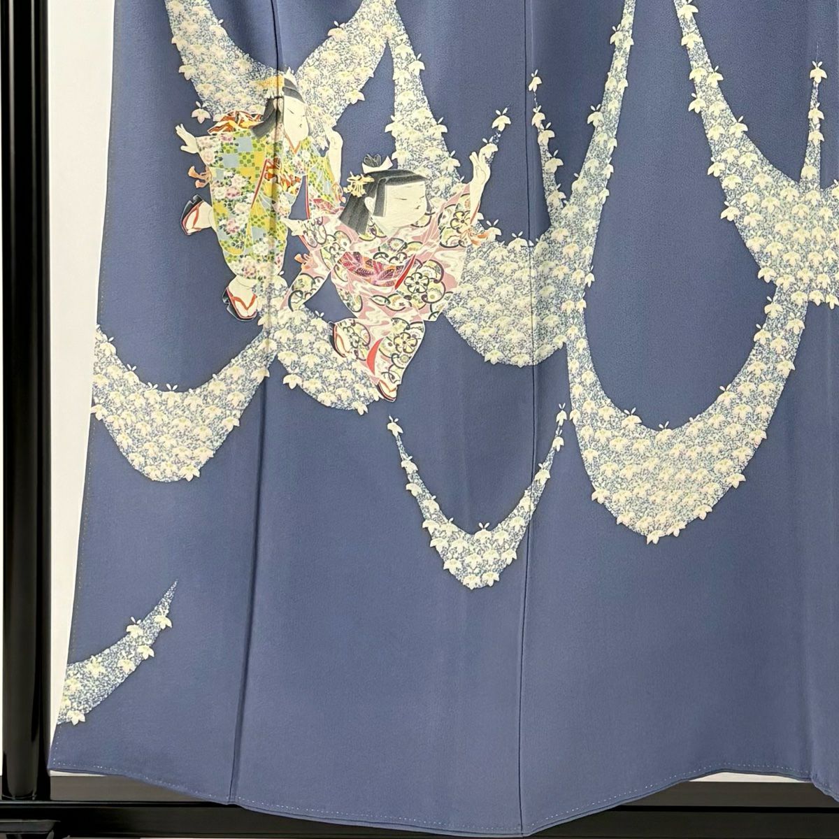 訪問服 身長155.5cm 袖長63cm S 雙層 二代目由水十久 落款あり 童 花幕 青紫 純蠶絲 逸品級