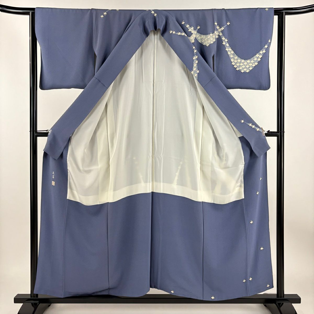訪問服 身長155.5cm 袖長63cm S 雙層 二代目由水十久 落款あり 童 花幕 青紫 純蠶絲 逸品級
