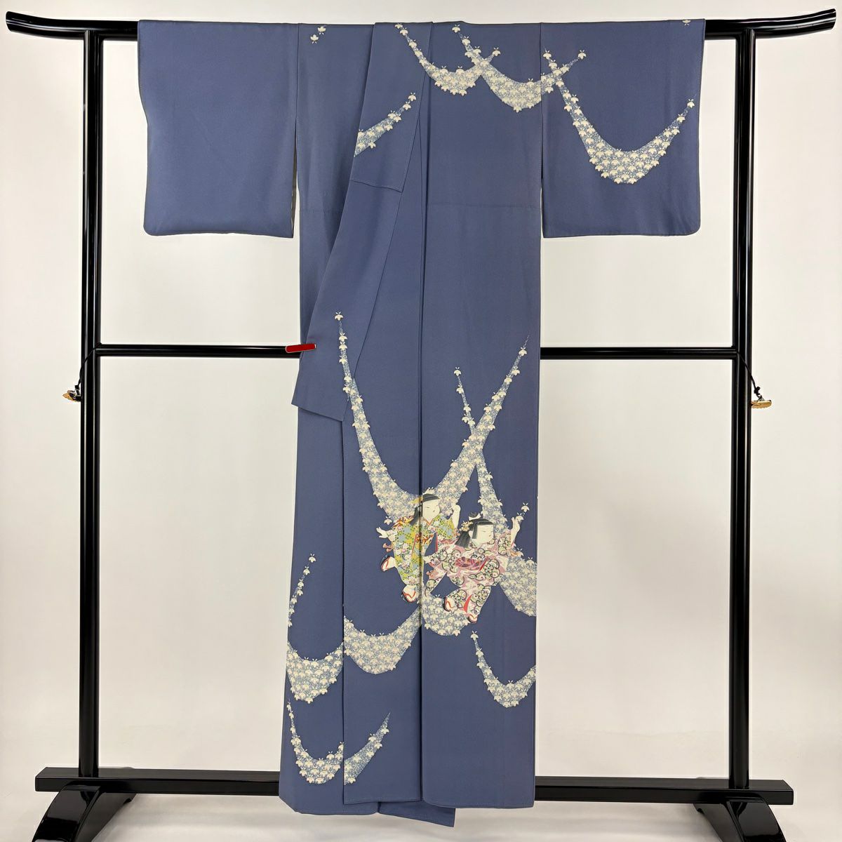 訪問服 身長155.5cm 袖長63cm S 雙層 二代目由水十久 落款あり 童 花幕 青紫 純蠶絲 逸品級