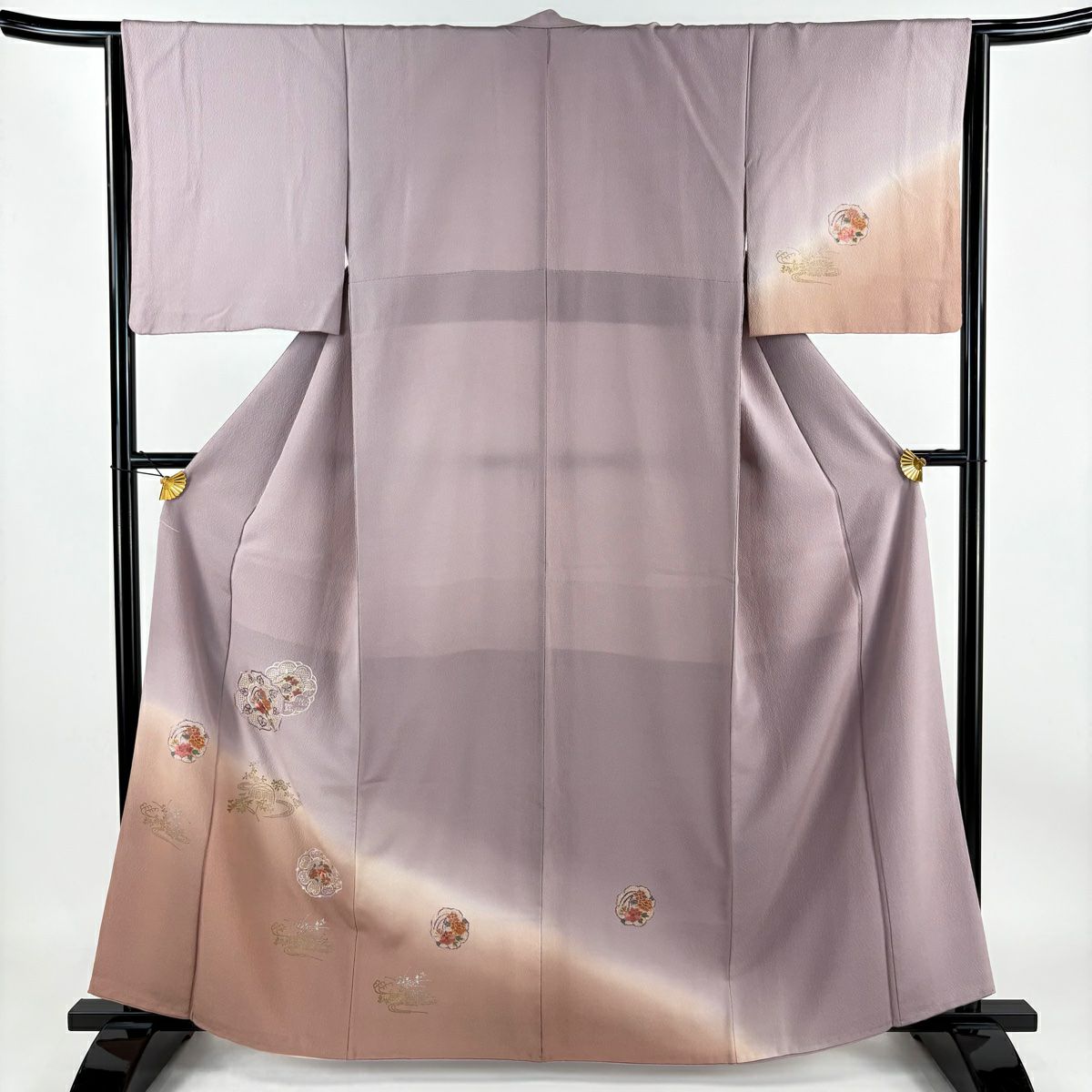 【庫存清倉】 付下 身長161.5cm 袖長65cm M 雙層 草花紋紋 流水刺繡 金線 紫色 純蠶絲 優品級