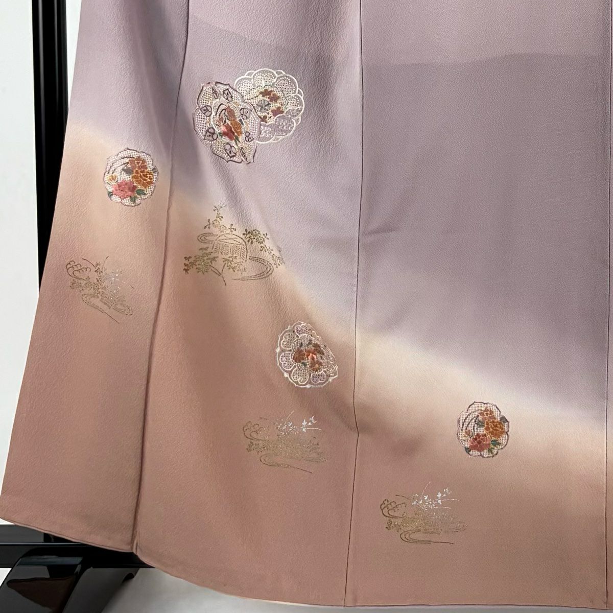 【庫存清倉】 付下 身長161.5cm 袖長65cm M 雙層 草花紋紋 流水刺繡 金線 紫色 純蠶絲 優品級