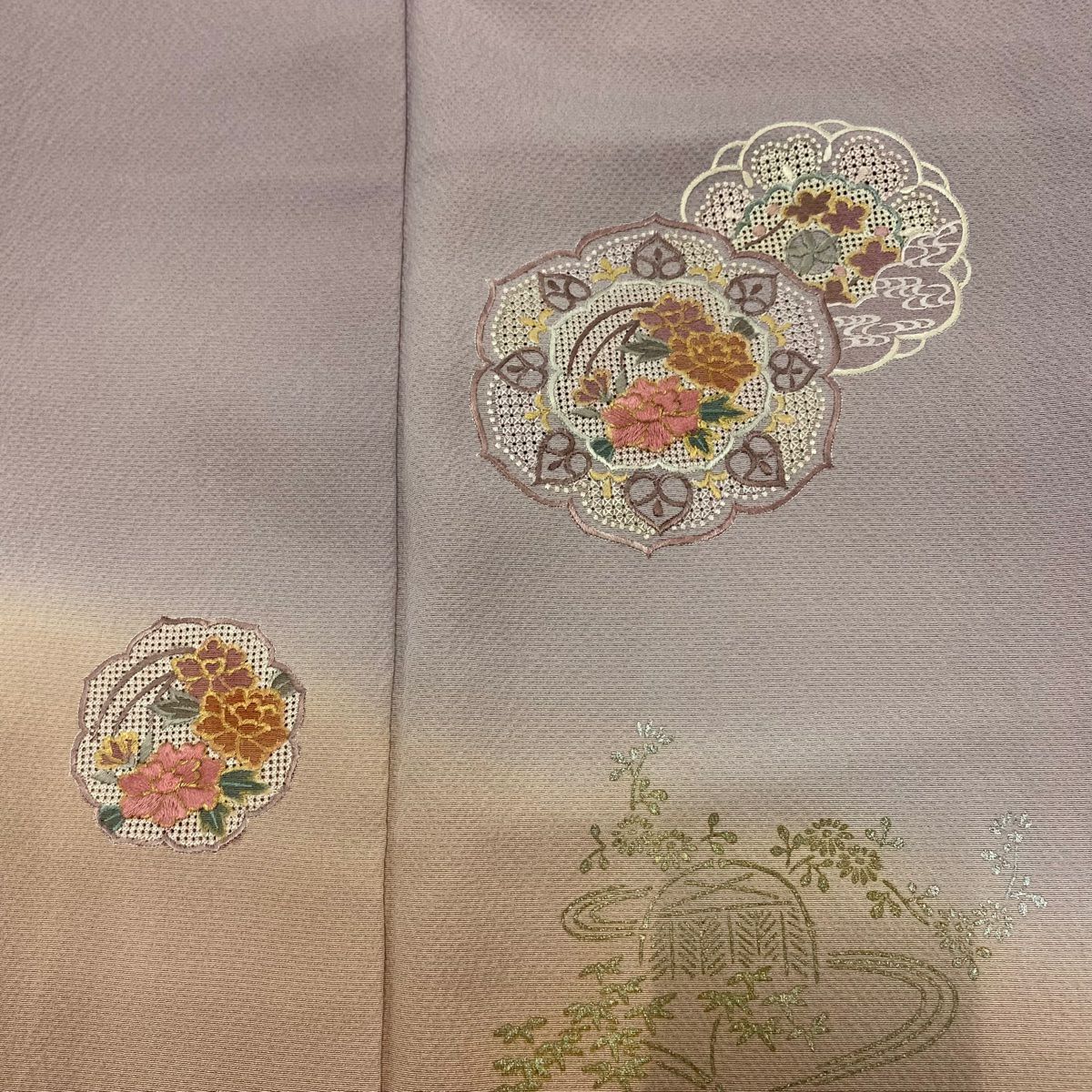 【庫存清倉】 付下 身長161.5cm 袖長65cm M 雙層 草花紋紋 流水刺繡 金線 紫色 純蠶絲 優品級