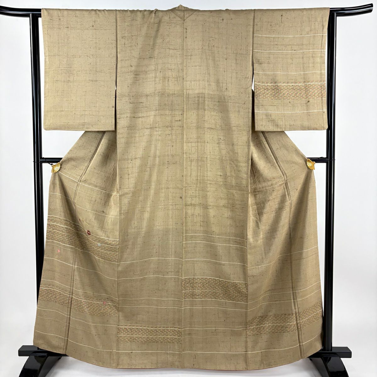 【庫存清倉】 付下 身長162.5cm 袖長64cm M 雙層 紬織織 吹寄 縞紋 刺繡 金線 淺茶 純蠶絲 優品級