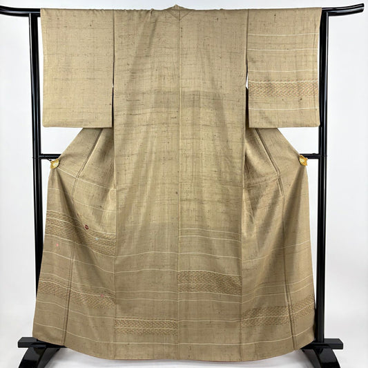 【庫存清倉】 付下 身長162.5cm 袖長64cm M 雙層 紬織織 吹寄 縞紋 刺繡 金線 淺茶 純蠶絲 優品級