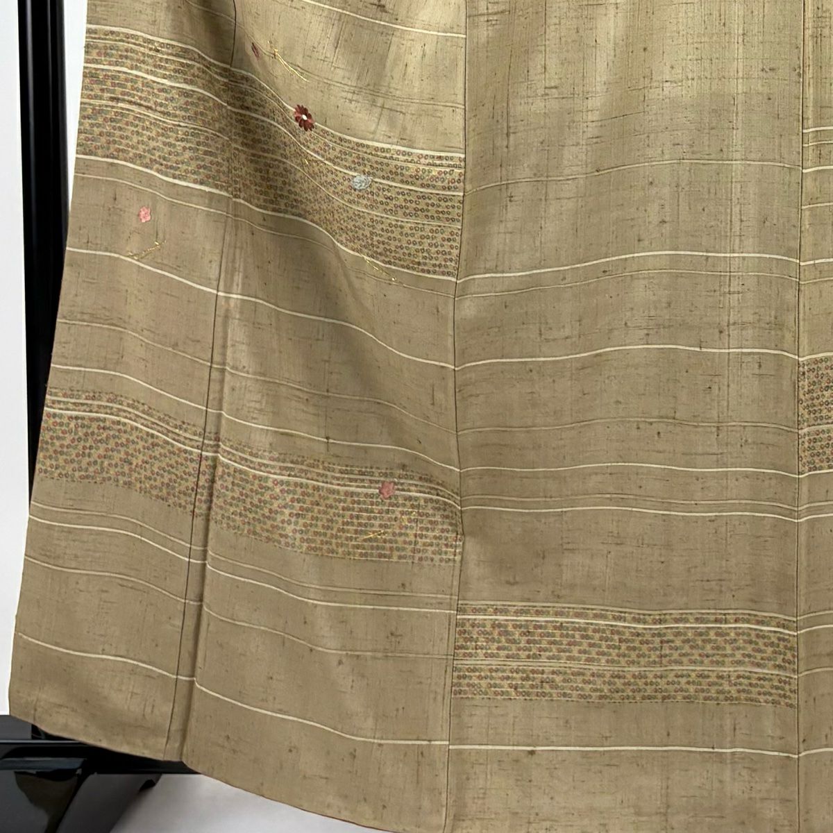【庫存清倉】 付下 身長162.5cm 袖長64cm M 雙層 紬織織 吹寄 縞紋 刺繡 金線 淺茶 純蠶絲 優品級