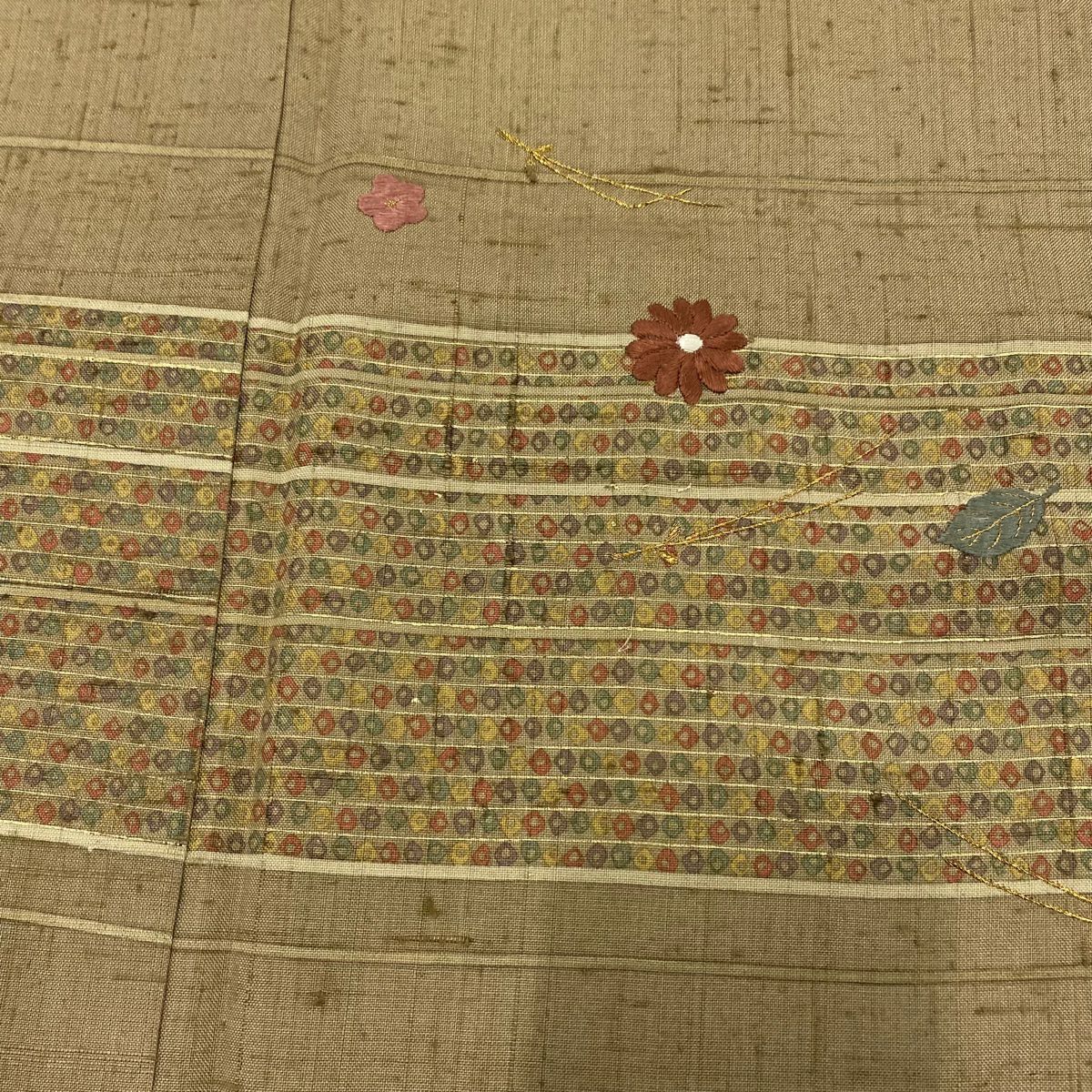 【庫存清倉】 付下 身長162.5cm 袖長64cm M 雙層 紬織織 吹寄 縞紋 刺繡 金線 淺茶 純蠶絲 優品級