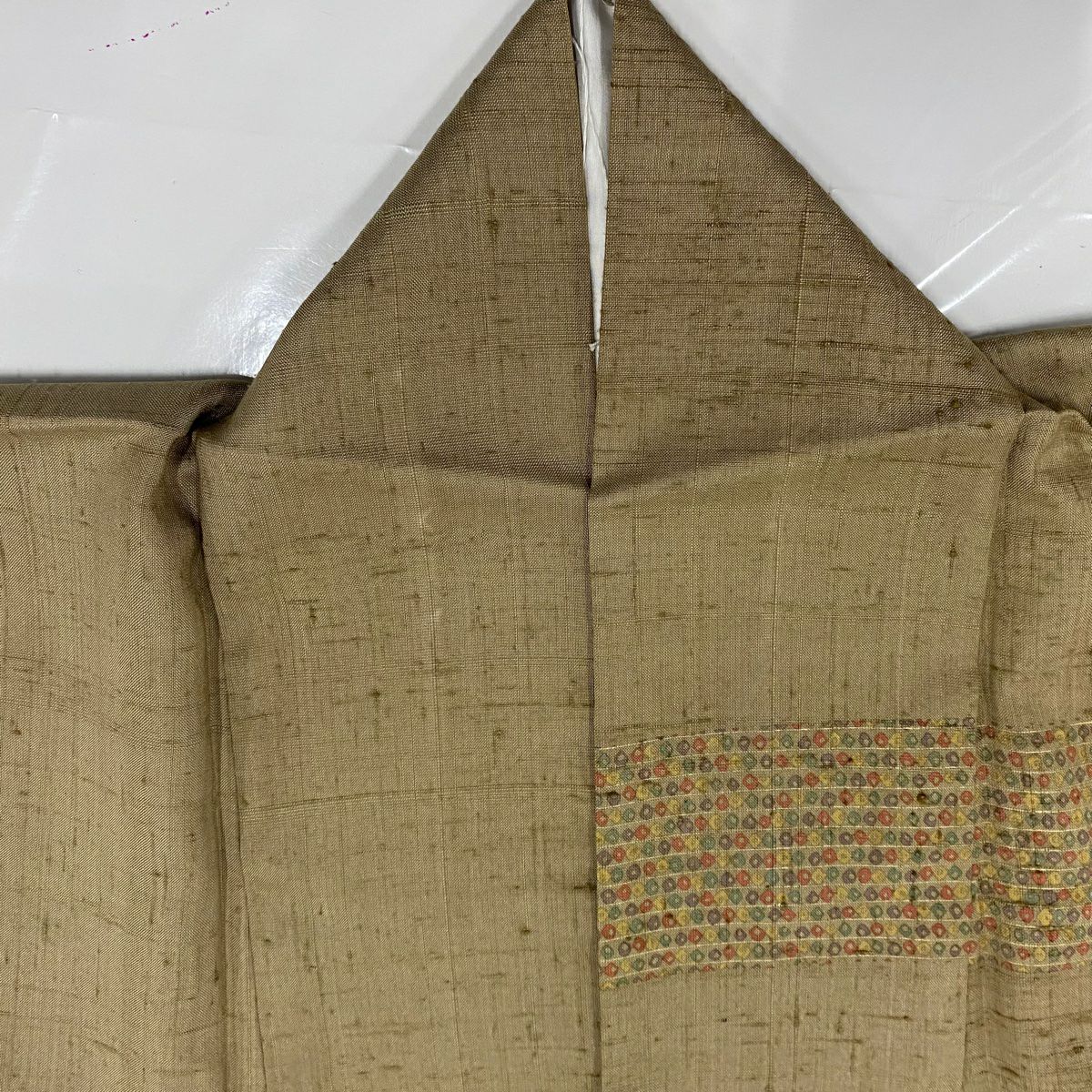 【庫存清倉】 付下 身長162.5cm 袖長64cm M 雙層 紬織織 吹寄 縞紋 刺繡 金線 淺茶 純蠶絲 優品級
