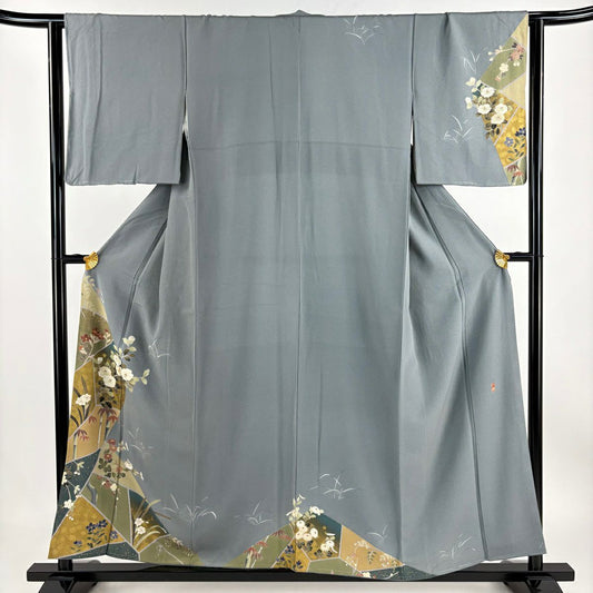 【清倉特賣】 付下 身長156cm 袖長63.5cm S 雙層 署名 草花紋紋 枝梅花 金銀彩 絞織 青灰色 純蠶絲 優品級
