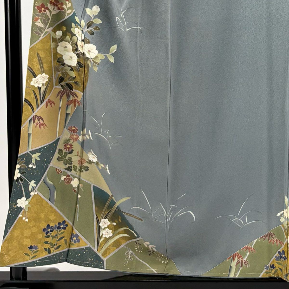 【清倉特賣】 付下 身長156cm 袖長63.5cm S 雙層 署名 草花紋紋 枝梅花 金銀彩 絞織 青灰色 純蠶絲 優品級