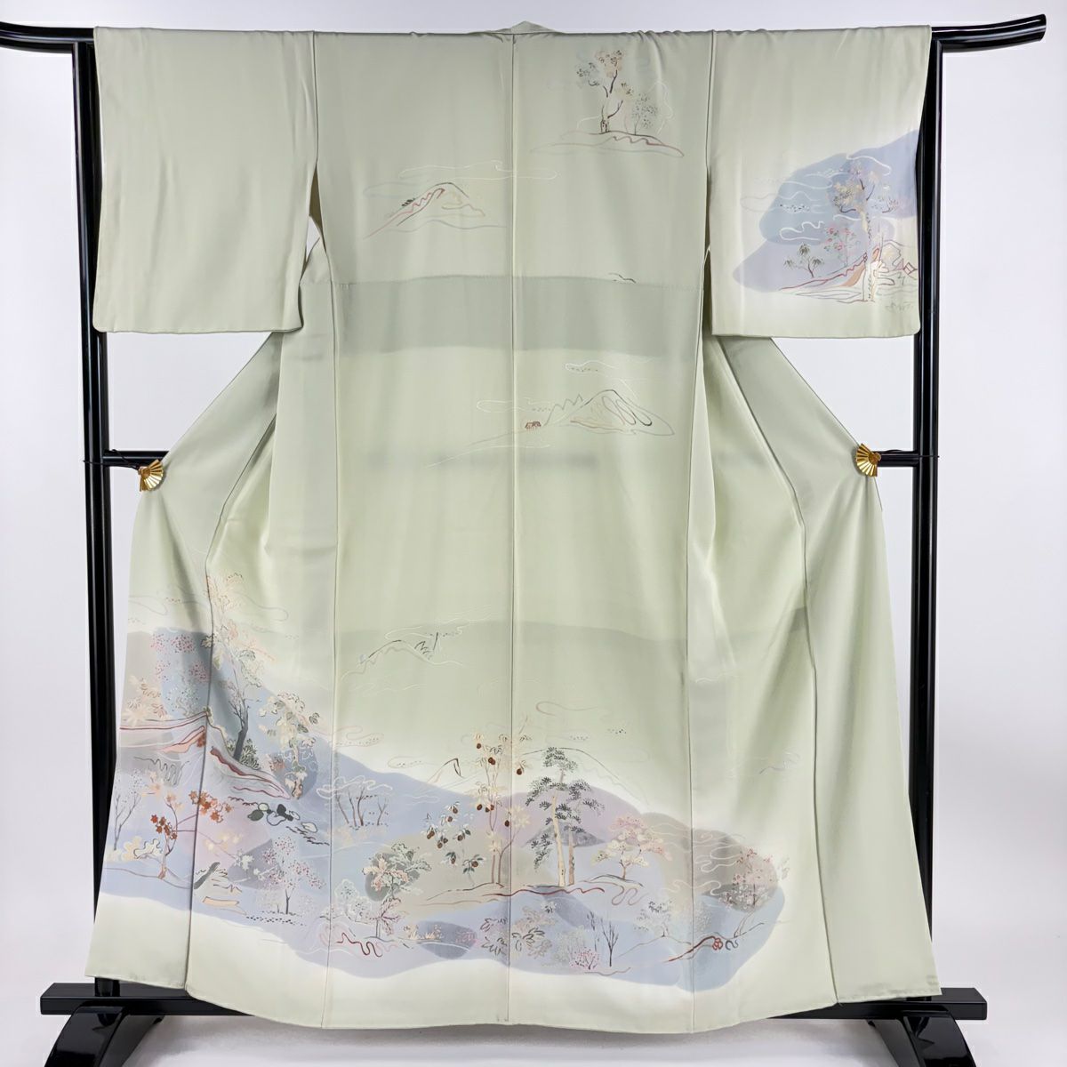 【庫存清倉】訪問服 身長159cm 袖長64cm M 雙層 風景 樹木 金彩裝飾 漸層 淺綠 純蠶絲 優品級