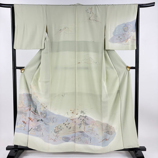 【庫存清倉】訪問服 身長159cm 袖長64cm M 雙層 風景 樹木 金彩裝飾 漸層 淺綠 純蠶絲 優品級