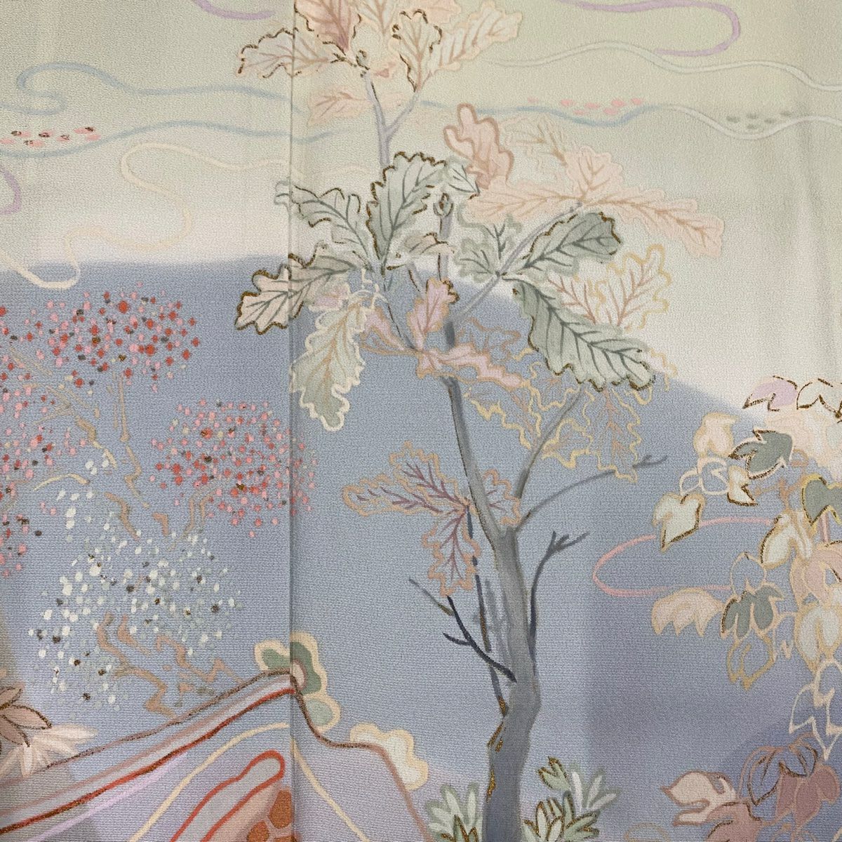 【庫存清倉】訪問服 身長159cm 袖長64cm M 雙層 風景 樹木 金彩裝飾 漸層 淺綠 純蠶絲 優品級