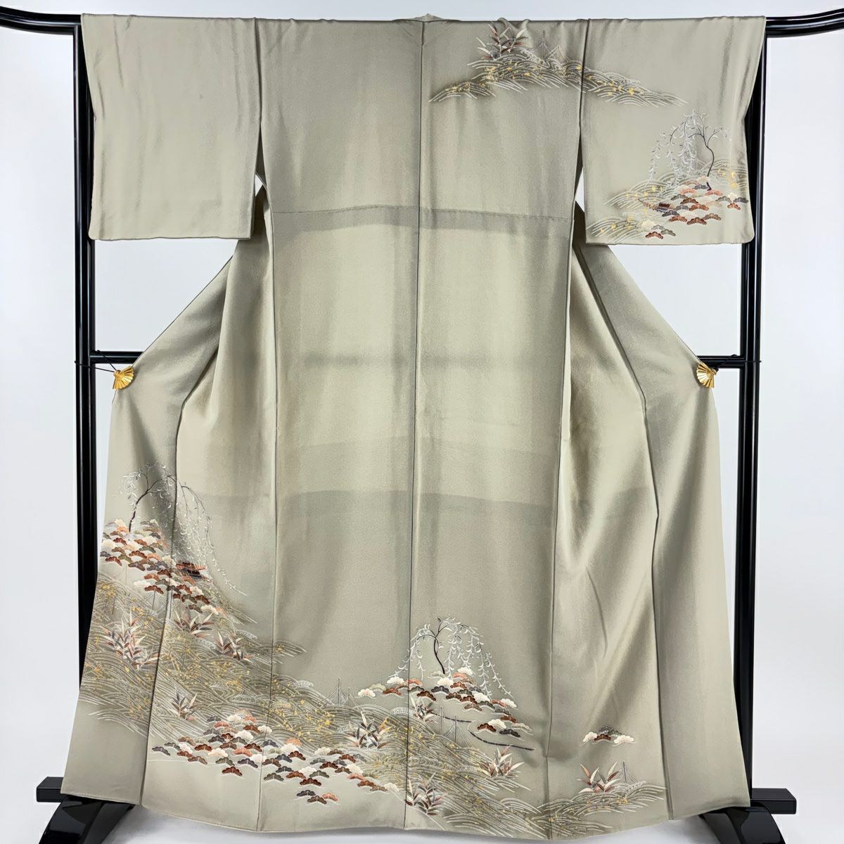 【庫存清倉】訪問服 身長162cm 袖長66cm M 雙層 笠松樹 波頭 金絲 金銀彩 灰綠 純蠶絲 優品級