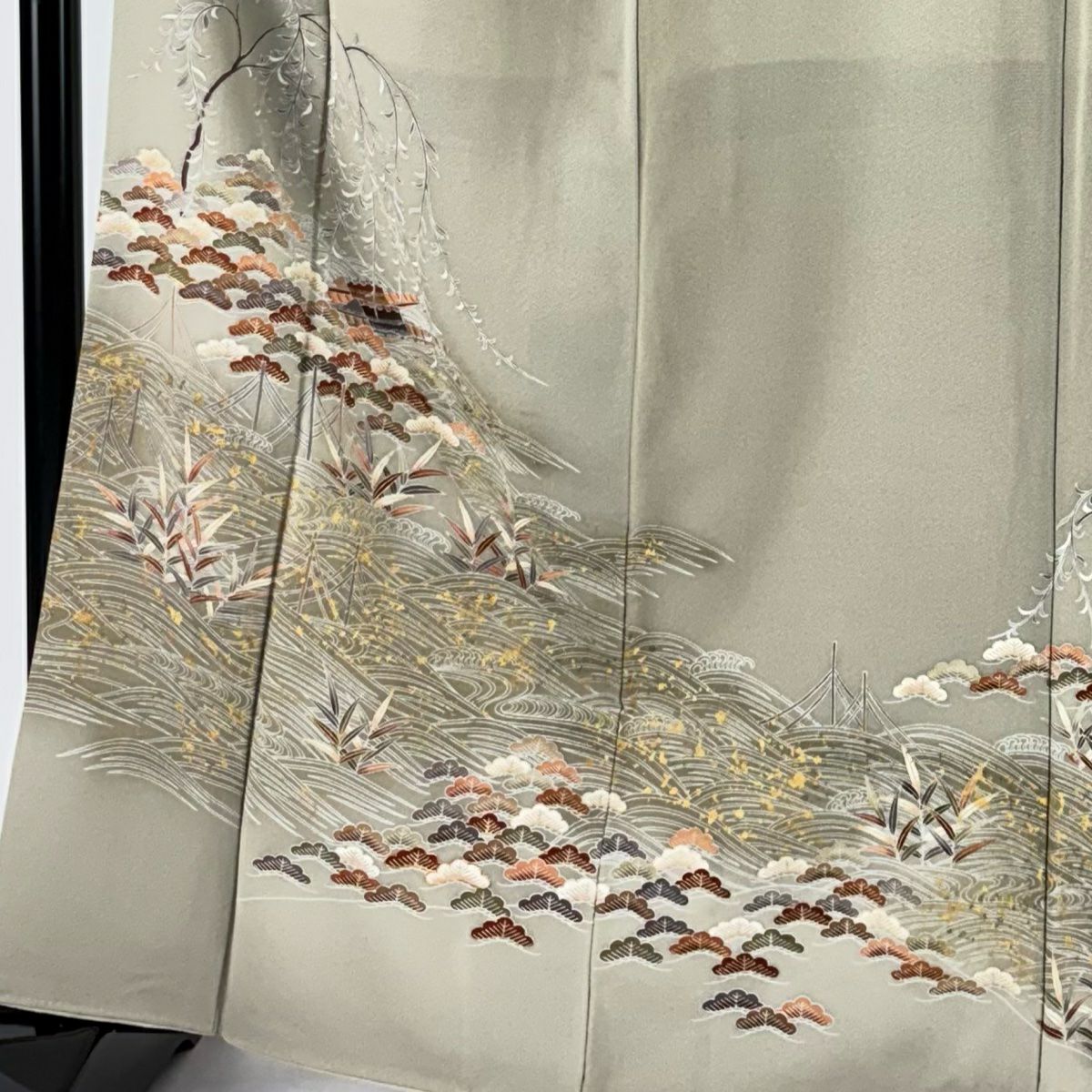 【庫存清倉】訪問服 身長162cm 袖長66cm M 雙層 笠松樹 波頭 金絲 金銀彩 灰綠 純蠶絲 優品級