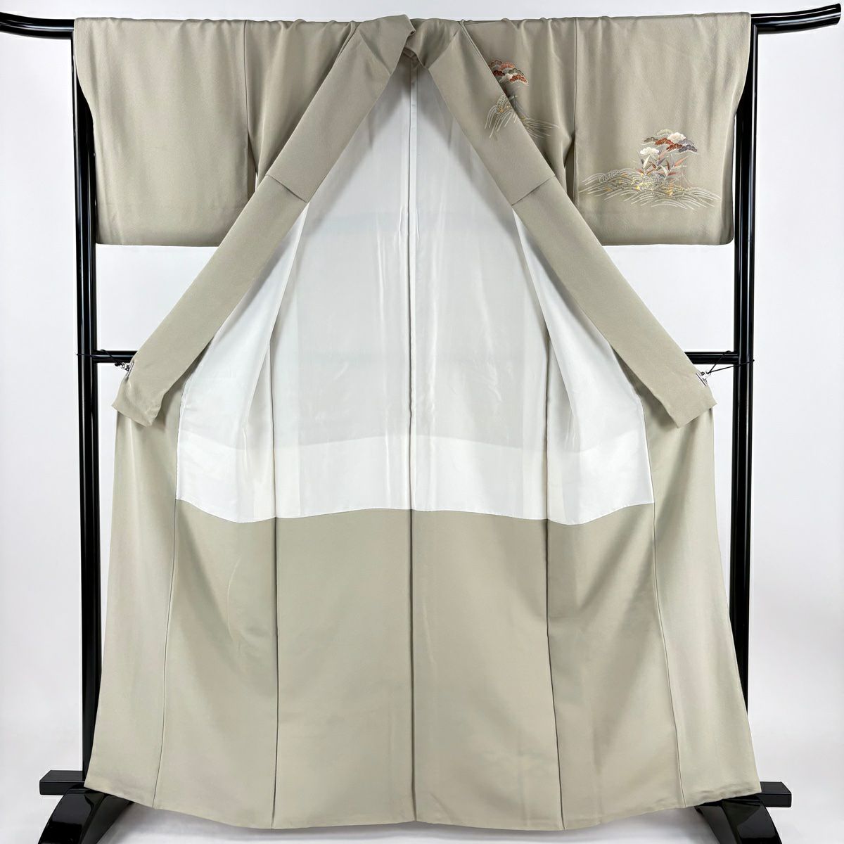 【庫存清倉】訪問服 身長162cm 袖長66cm M 雙層 笠松樹 波頭 金絲 金銀彩 灰綠 純蠶絲 優品級