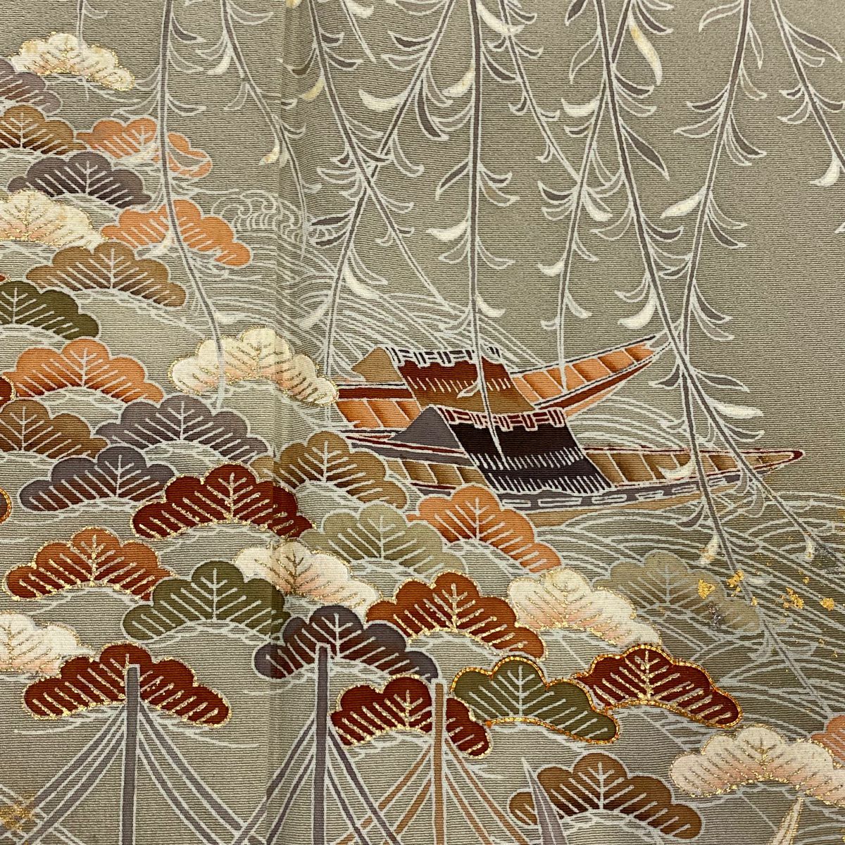 【庫存清倉】訪問服 身長162cm 袖長66cm M 雙層 笠松樹 波頭 金絲 金銀彩 灰綠 純蠶絲 優品級