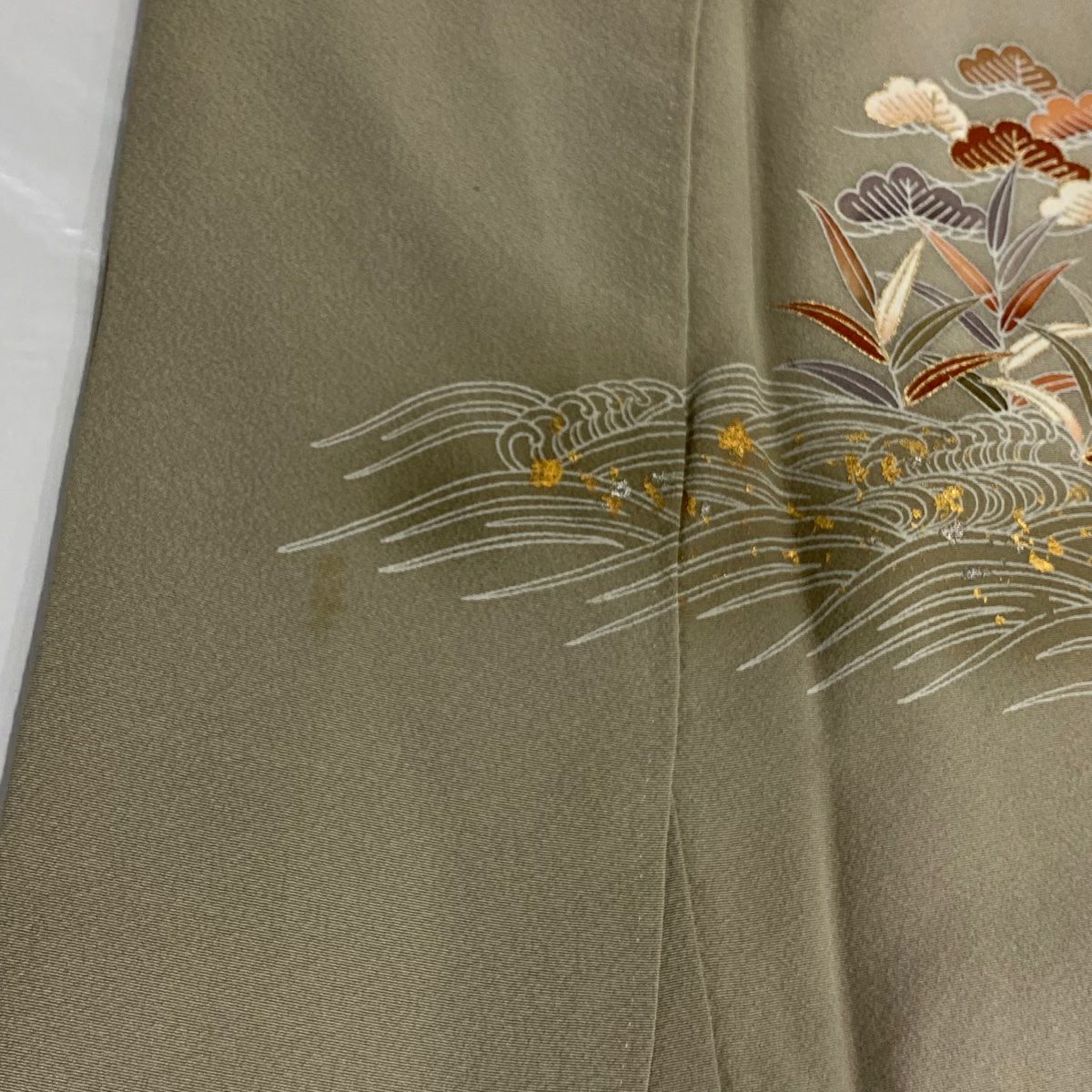 【庫存清倉】訪問服 身長162cm 袖長66cm M 雙層 笠松樹 波頭 金絲 金銀彩 灰綠 純蠶絲 優品級