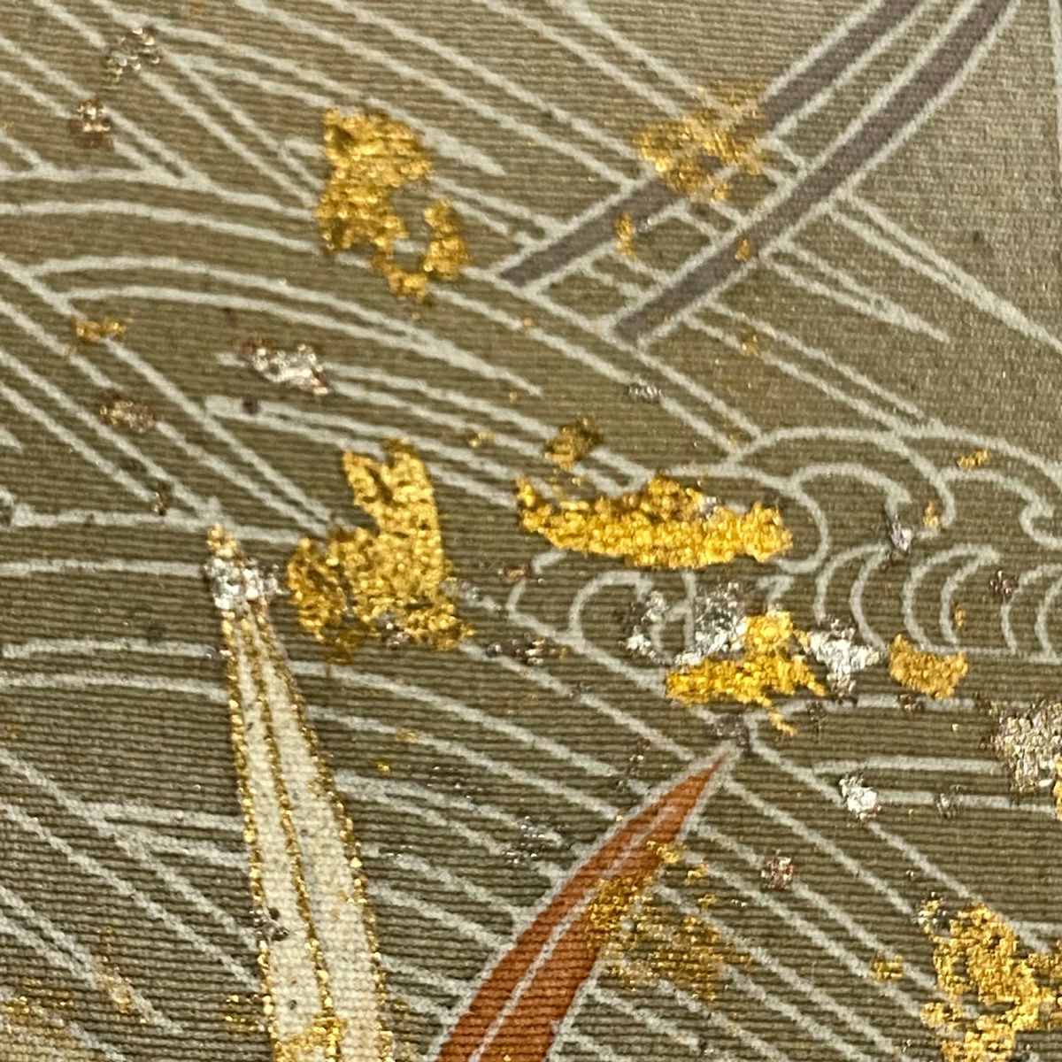 【庫存清倉】訪問服 身長162cm 袖長66cm M 雙層 笠松樹 波頭 金絲 金銀彩 灰綠 純蠶絲 優品級
