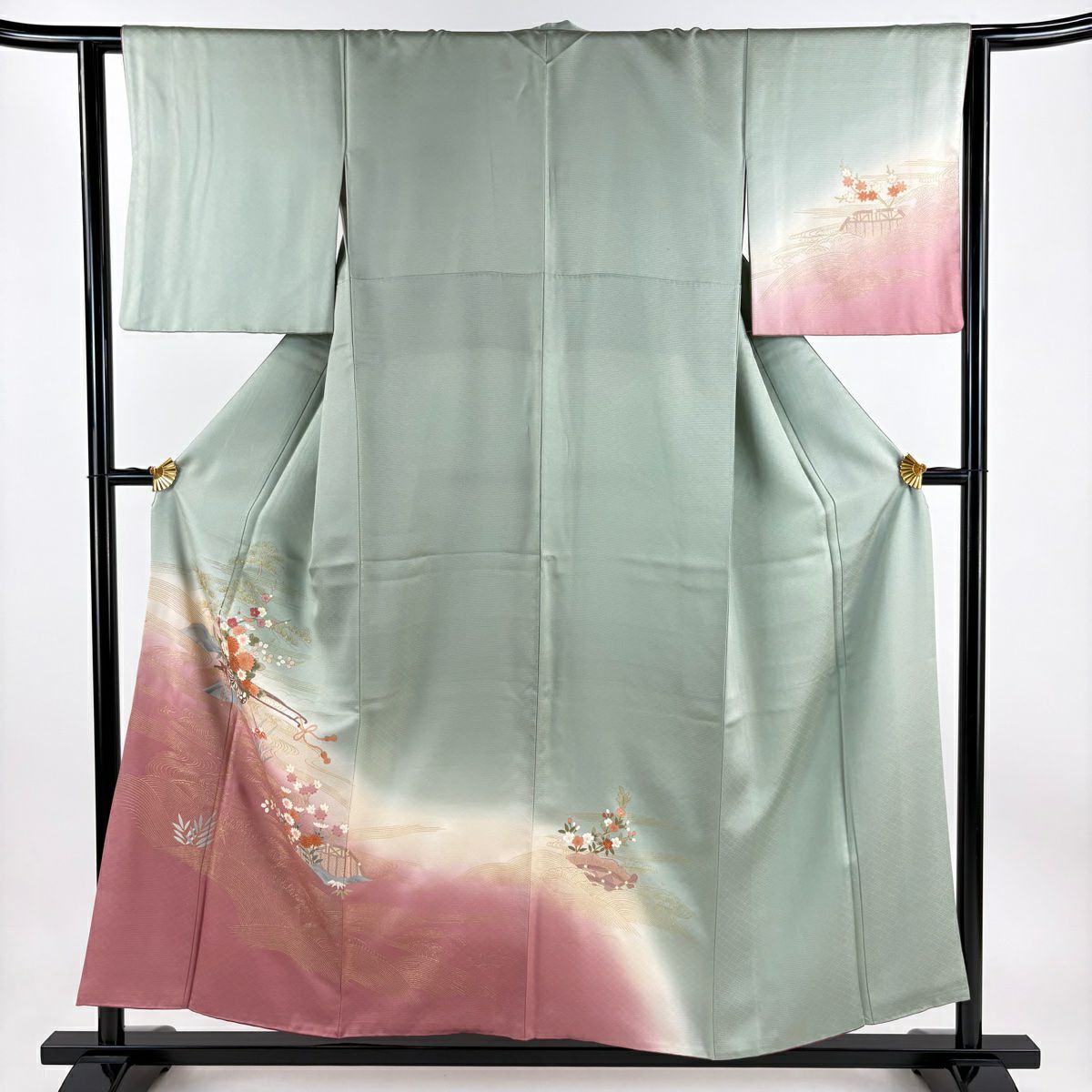 【清倉特賣】 付下 身長154.5cm 袖長62.5cm S 雙層 花車 流水 金彩裝飾 染分 薄綠 純蠶絲 優品級