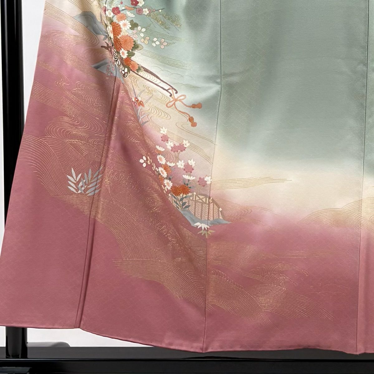 【清倉特賣】 付下 身長154.5cm 袖長62.5cm S 雙層 花車 流水 金彩裝飾 染分 薄綠 純蠶絲 優品級