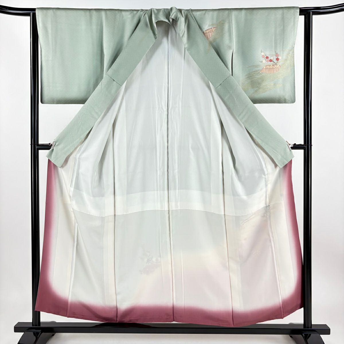【清倉特賣】 付下 身長154.5cm 袖長62.5cm S 雙層 花車 流水 金彩裝飾 染分 薄綠 純蠶絲 優品級