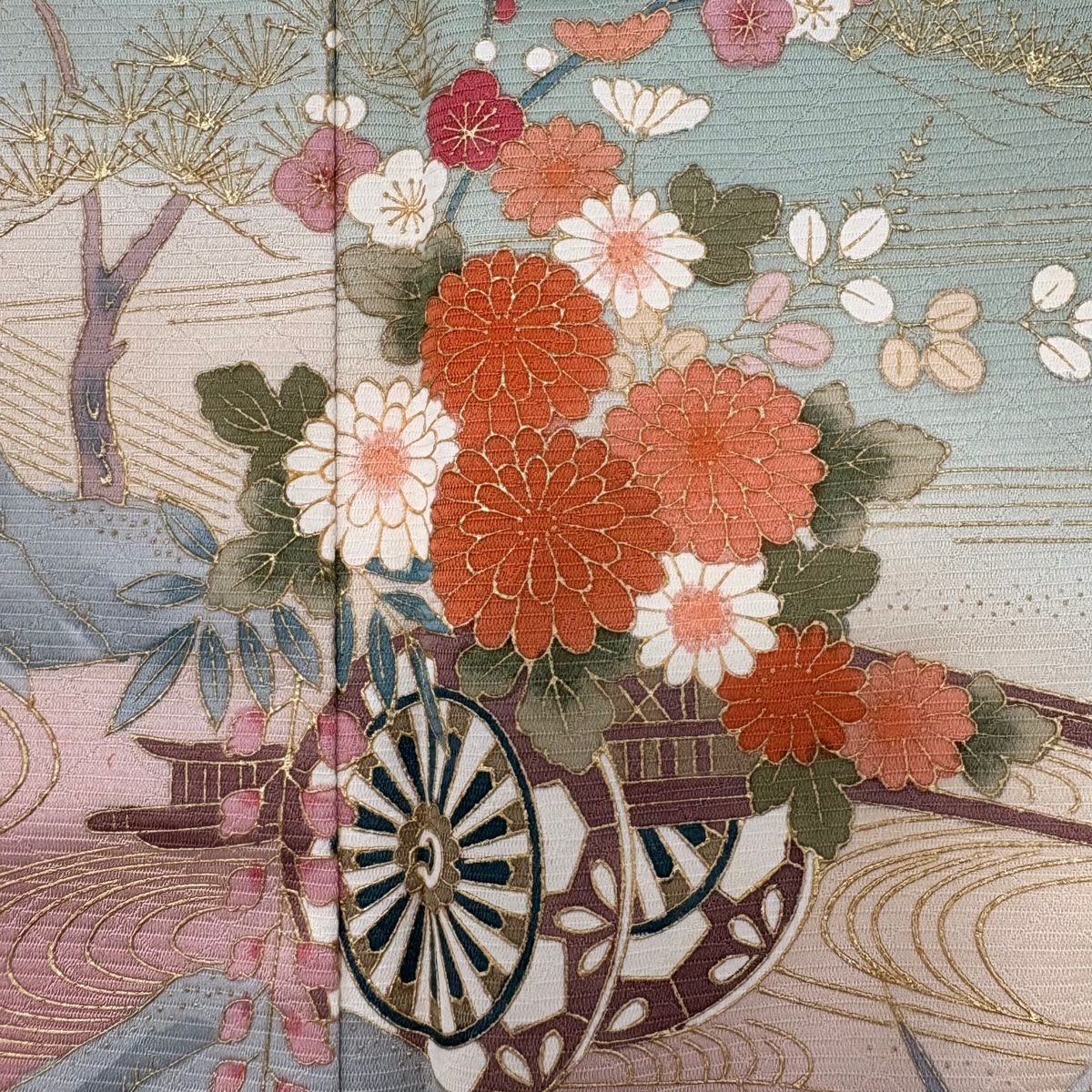 【清倉特賣】 付下 身長154.5cm 袖長62.5cm S 雙層 花車 流水 金彩裝飾 染分 薄綠 純蠶絲 優品級