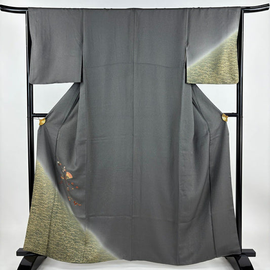 【庫存清倉】 付下 身長162cm 袖長65.5cm M 雙層 萩 扇子 金通刺繡 灰色 純蠶絲 優品級