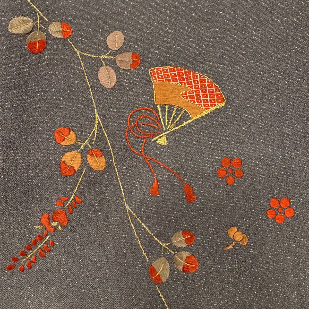 【庫存清倉】 付下 身長162cm 袖長65.5cm M 雙層 萩 扇子 金通刺繡 灰色 純蠶絲 優品級