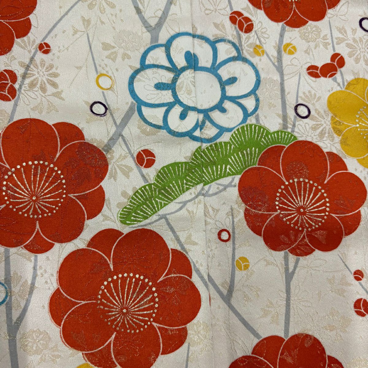 【庫存清倉】振袖禮服 身長158cm 袖長64cm M 雙層 枝梅花 笠松樹 金絲 金銀彩 奶油色 純蠶絲 名品級