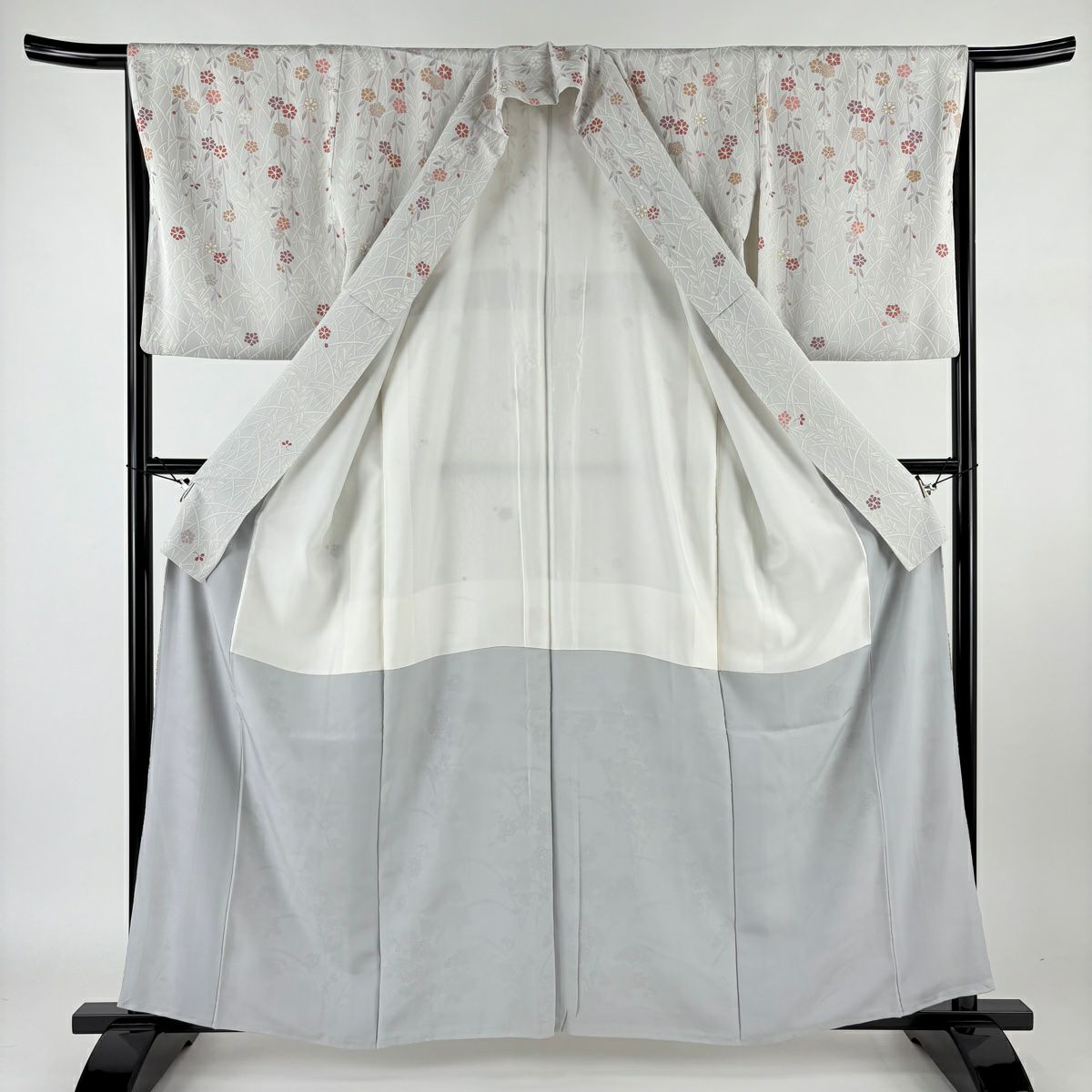 【清倉特賣】訪問服 身長161cm 袖長65cm M 雙層 菊花葉 金彩裝飾 漸層 青灰 純蠶絲 名品級