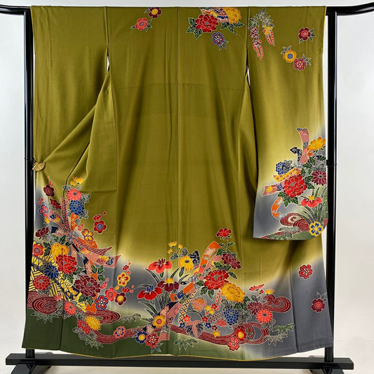【庫存清倉】振袖禮服 身長153cm 袖長62cm S 雙層 束熨斗紋 牡丹 染分 逐漸變化 茶綠 純蠶絲 名品級