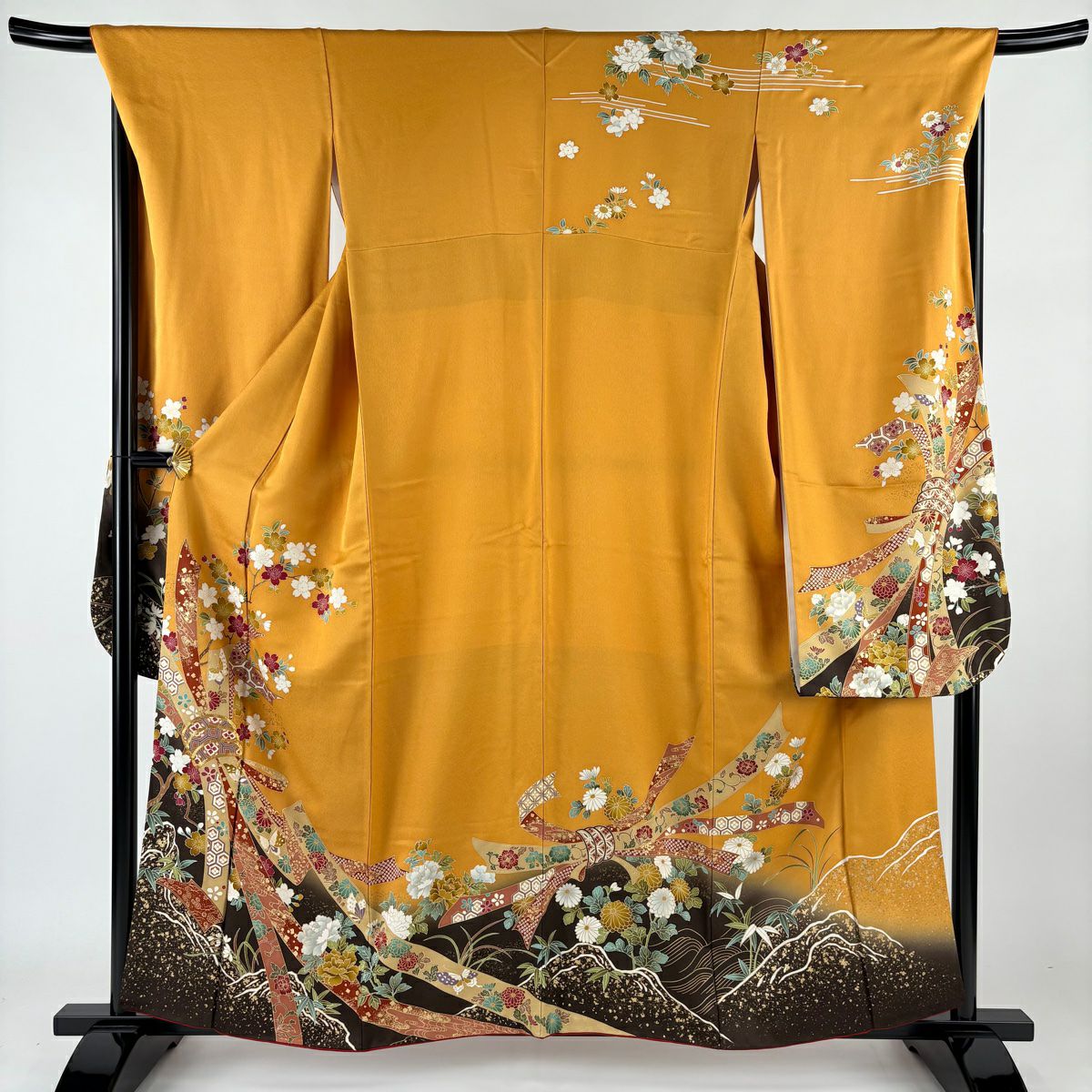 【清倉特賣】振袖禮服 身長160cm 袖長68cm L 雙層 草花紋紋 束ね熨斗紋 金絲 金銀彩 山吹 純蠶絲 名品級
