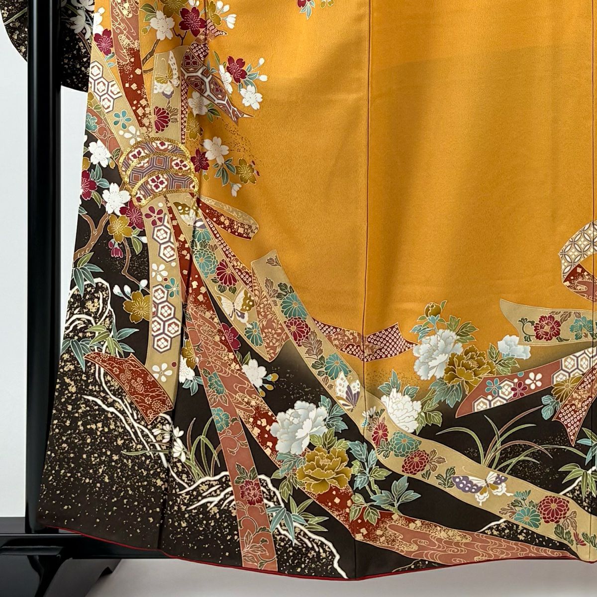 【清倉特賣】振袖禮服 身長160cm 袖長68cm L 雙層 草花紋紋 束ね熨斗紋 金絲 金銀彩 山吹 純蠶絲 名品級